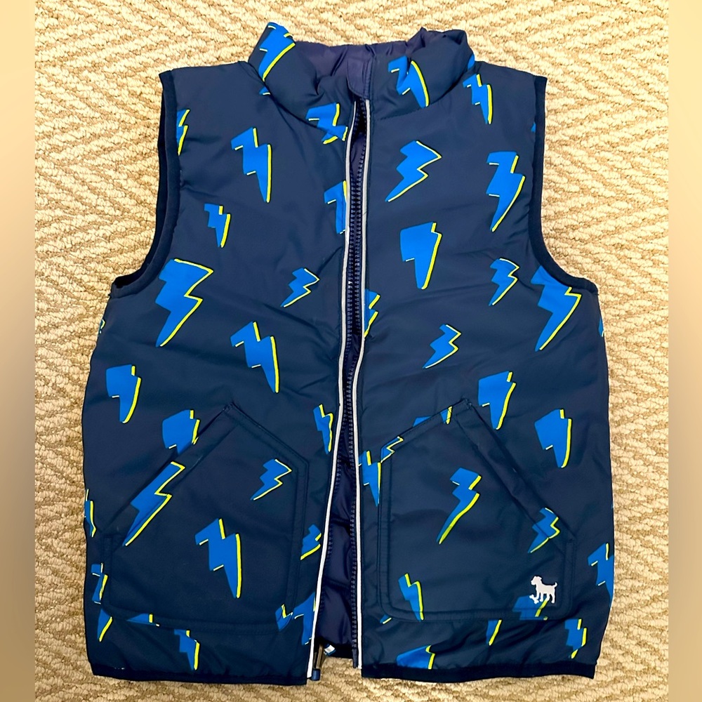 Mini Boden Boys Navy Blue Lightning/Stripe Reversible Vest. 5/6